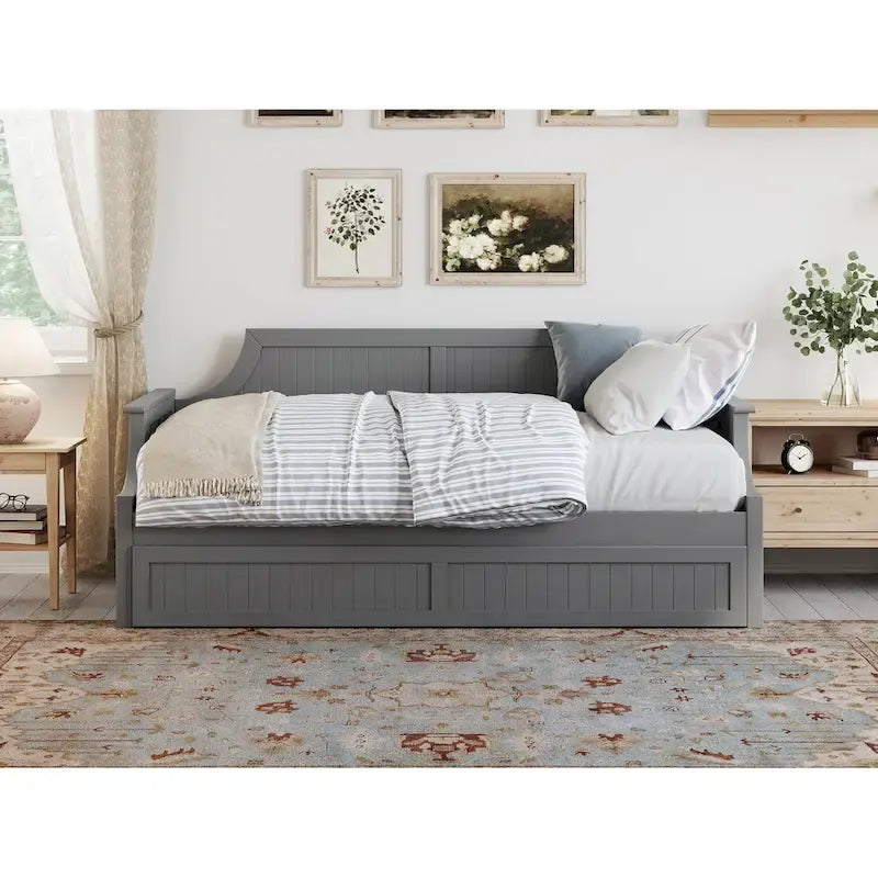 Lit de repos double en bois Gris / Noyer / Blanc / Toffee clair avec lit gigogne - Convient pour 2 personnes