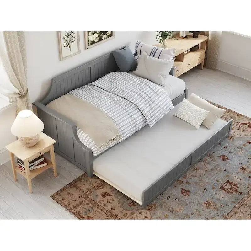 Lit de repos double en bois Gris / Noyer / Blanc / Toffee clair avec lit gigogne - Convient pour 2 personnes