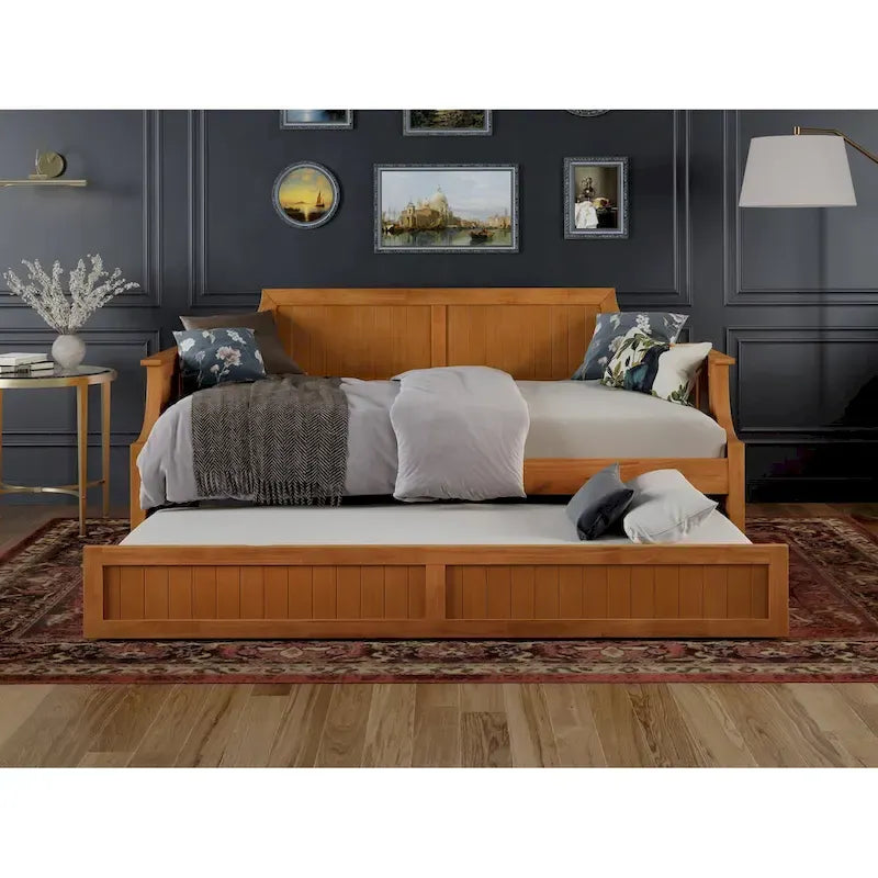 Lit de repos double en bois Gris / Noyer / Blanc / Toffee clair avec lit gigogne - Convient pour 2 personnes