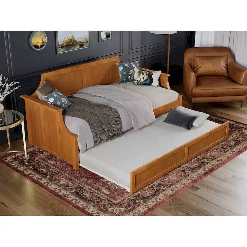 Lit de repos double en bois Gris / Noyer / Blanc / Toffee clair avec lit gigogne - Convient pour 2 personnes