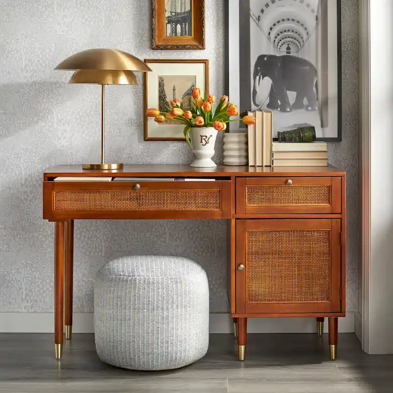 Secrétaire Noyer Canné Mid-Century avec 2 Tiroirs & Étagère Ajustable - Usage Unique