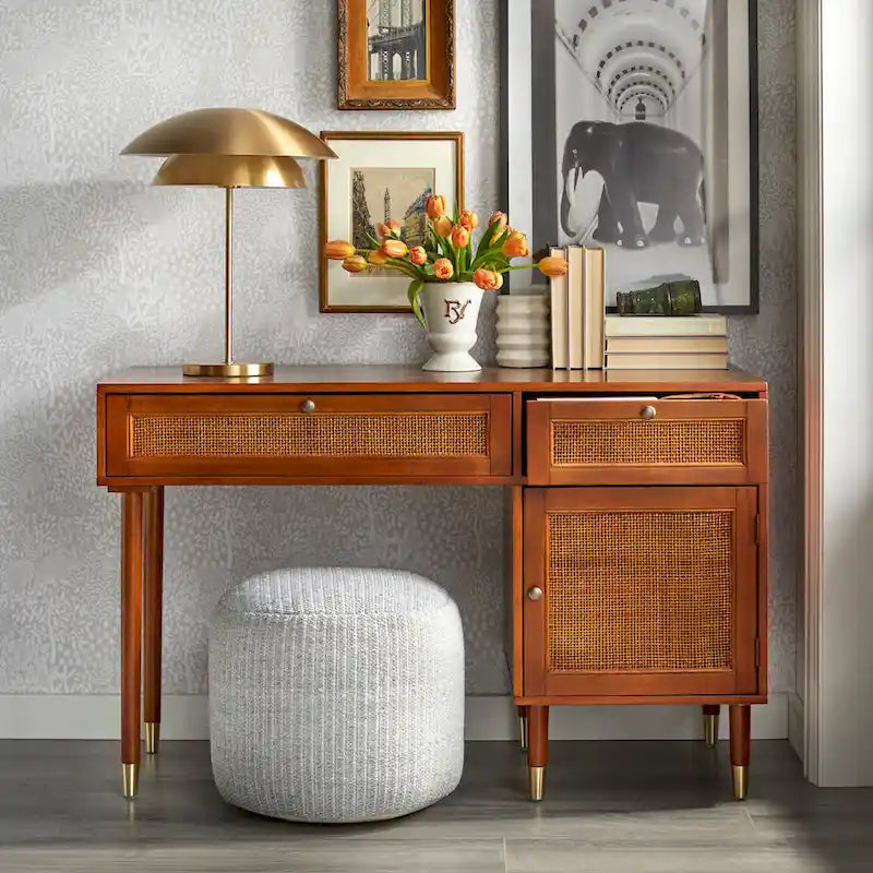Secrétaire Noyer Canné Mid-Century avec 2 Tiroirs & Étagère Ajustable - Usage Unique