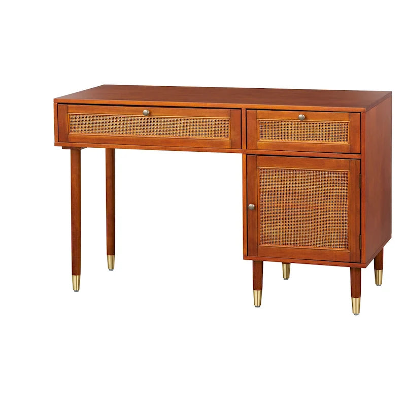 Secrétaire Noyer Canné Mid-Century avec 2 Tiroirs & Étagère Ajustable - Usage Unique