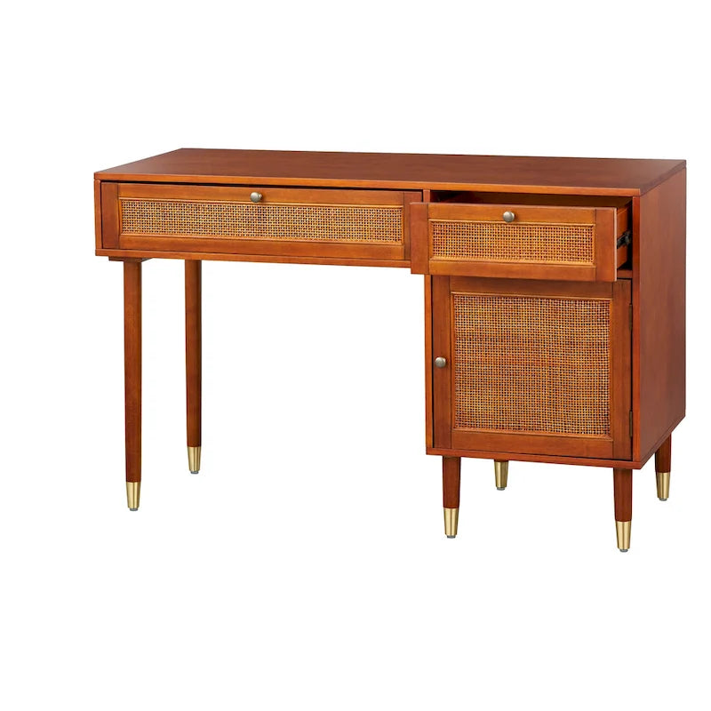 Secrétaire Noyer Canné Mid-Century avec 2 Tiroirs & Étagère Ajustable - Usage Unique