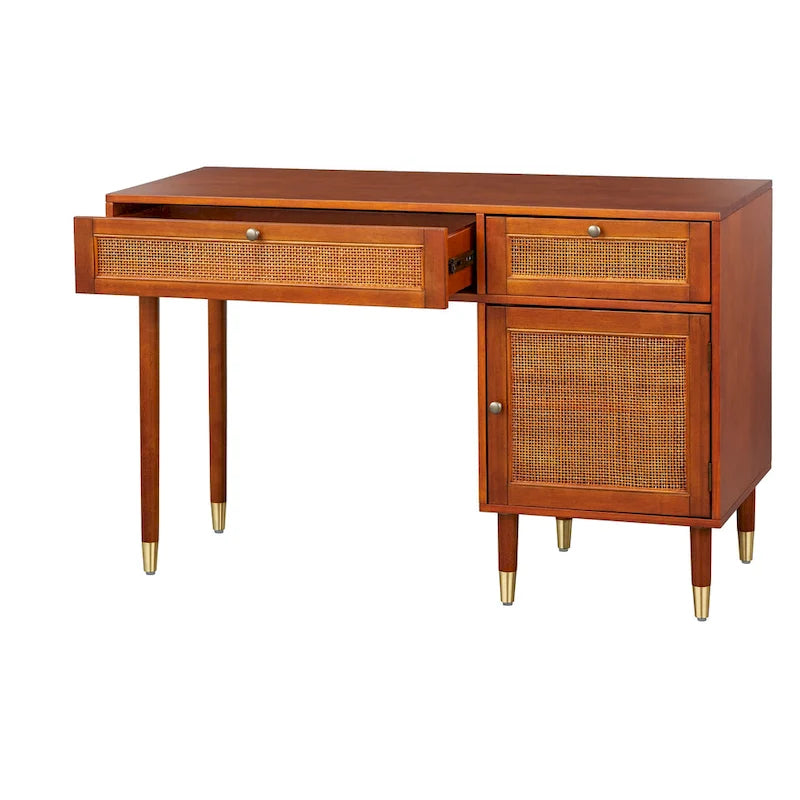 Secrétaire Noyer Canné Mid-Century avec 2 Tiroirs & Étagère Ajustable - Usage Unique