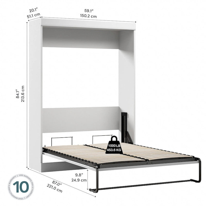 Lit escamotable double Murphy en chocolat blanc/noir avec système à double piston - Convient pour 2 personnes