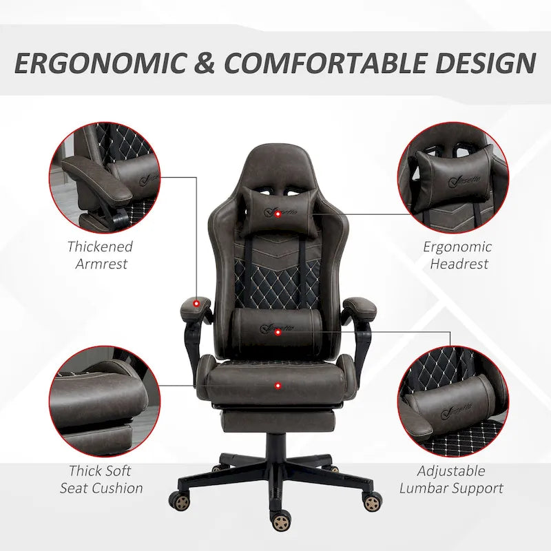 Chaise de jeu ergonomique de style course marron / noir / rouge avec dossier inclinable, repose-pieds et soutien lombaire - Usage unique