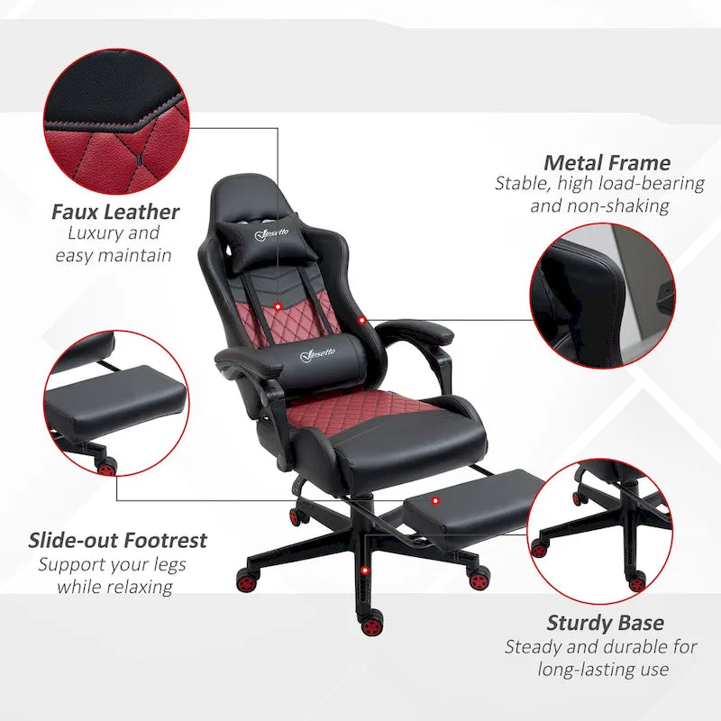 Chaise de jeu ergonomique de style course marron / noir / rouge avec dossier inclinable, repose-pieds et soutien lombaire - Usage unique