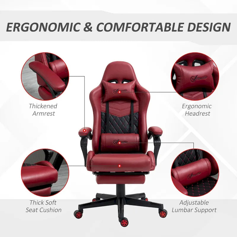 Chaise de jeu ergonomique de style course marron / noir / rouge avec dossier inclinable, repose-pieds et soutien lombaire - Usage unique