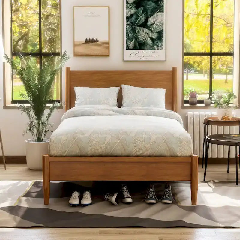 Lit plateforme Queen en bois de style moderne du milieu du siècle Gris / Chêne / Noir / Blanc - Pour 2 personnes