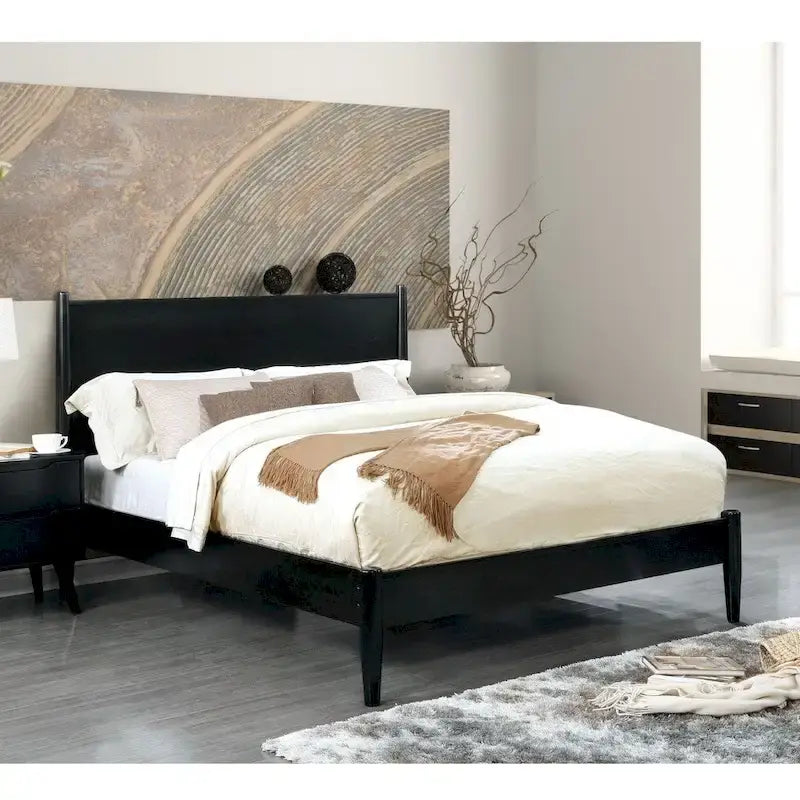 Lit plateforme Queen en bois de style moderne du milieu du siècle Gris / Chêne / Noir / Blanc - Pour 2 personnes
