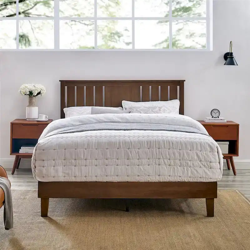 Lit plateforme en bois massif Mid-Century Modern avec tête de lit réglable - Convient pour 2 personnes