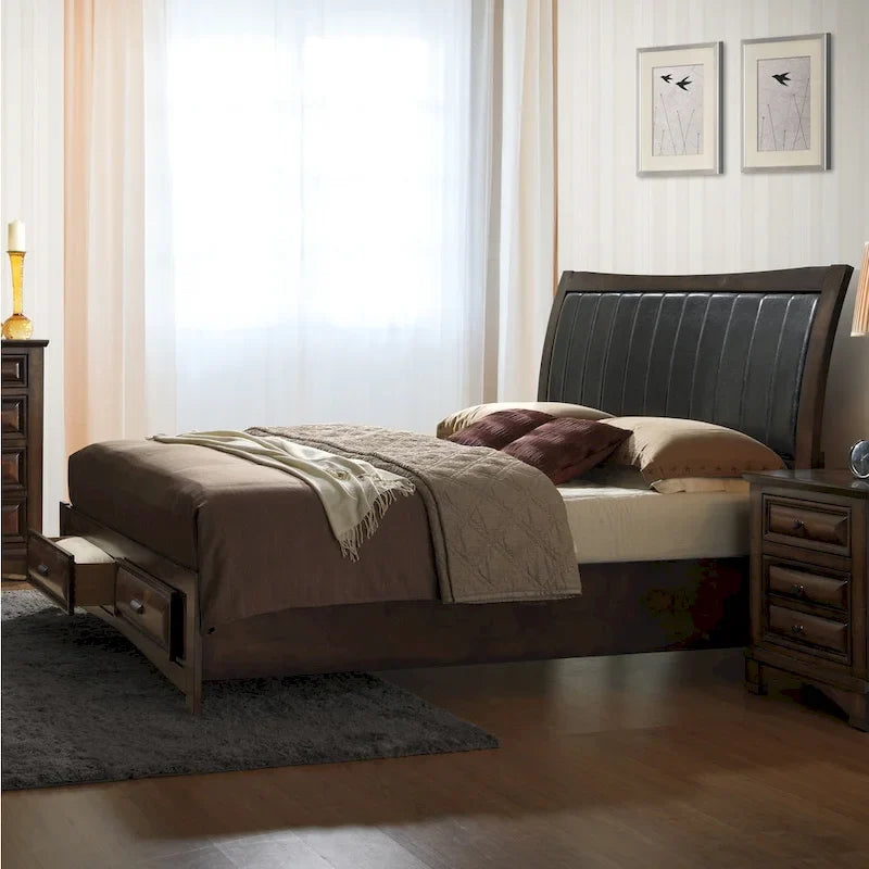 Lit plateforme brun King avec tête de lit en cuir PU - Pour 2 personnes