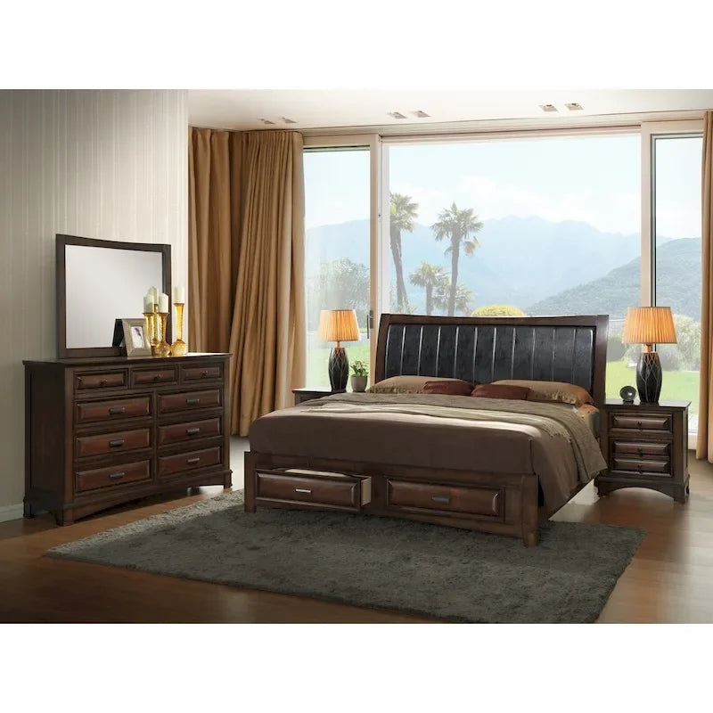 Lit plateforme brun King avec tête de lit en cuir PU - Pour 2 personnes