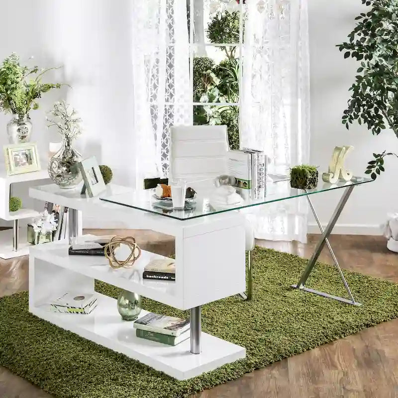Bureau contemporain en verre convertible Blanc / Rose / Noir / Gris avec piètement en X et étagère en S - Usage unique