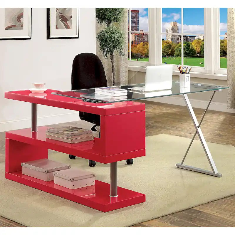 Bureau contemporain en verre convertible Blanc / Rose / Noir / Gris avec piètement en X et étagère en S - Usage unique