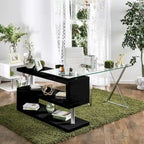 Bureau contemporain en verre convertible Blanc / Rose / Noir / Gris avec piètement en X et étagère en S - Usage unique