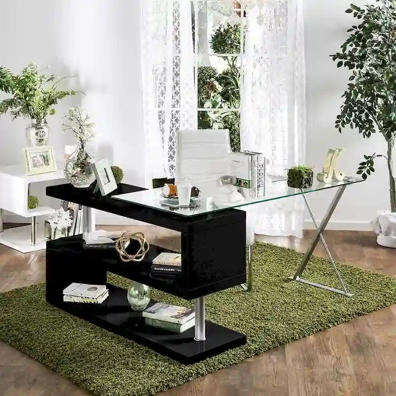 Bureau contemporain en verre convertible Blanc / Rose / Noir / Gris avec piètement en X et étagère en S - Usage unique