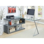 Bureau contemporain en verre convertible Blanc / Rose / Noir / Gris avec piètement en X et étagère en S - Usage unique