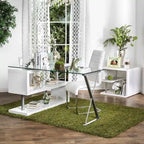 Bureau contemporain en verre convertible Blanc / Rose / Noir / Gris avec piètement en X et étagère en S - Usage unique