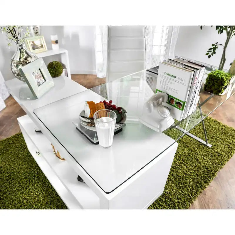 Bureau contemporain en verre convertible Blanc / Rose / Noir / Gris avec piètement en X et étagère en S - Usage unique