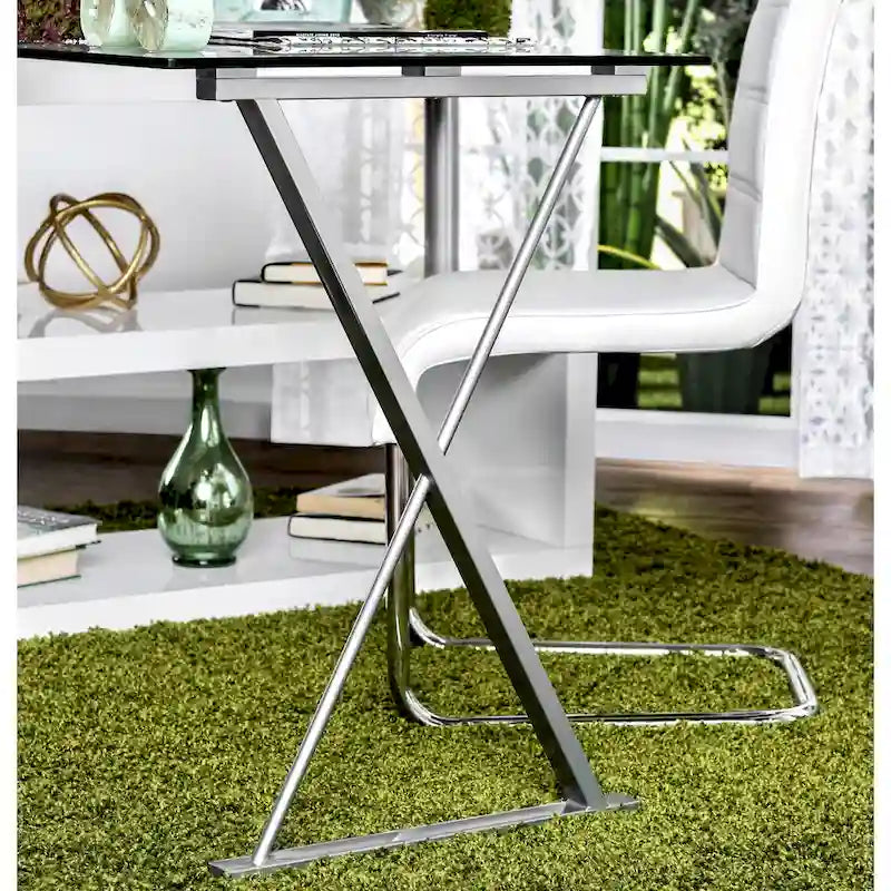 Bureau contemporain en verre convertible Blanc / Rose / Noir / Gris avec piètement en X et étagère en S - Usage unique