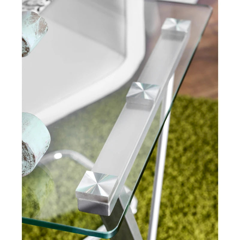 Bureau contemporain en verre convertible Blanc / Rose / Noir / Gris avec piètement en X et étagère en S - Usage unique