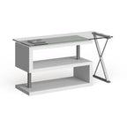 Bureau contemporain en verre convertible Blanc / Rose / Noir / Gris avec piètement en X et étagère en S - Usage unique