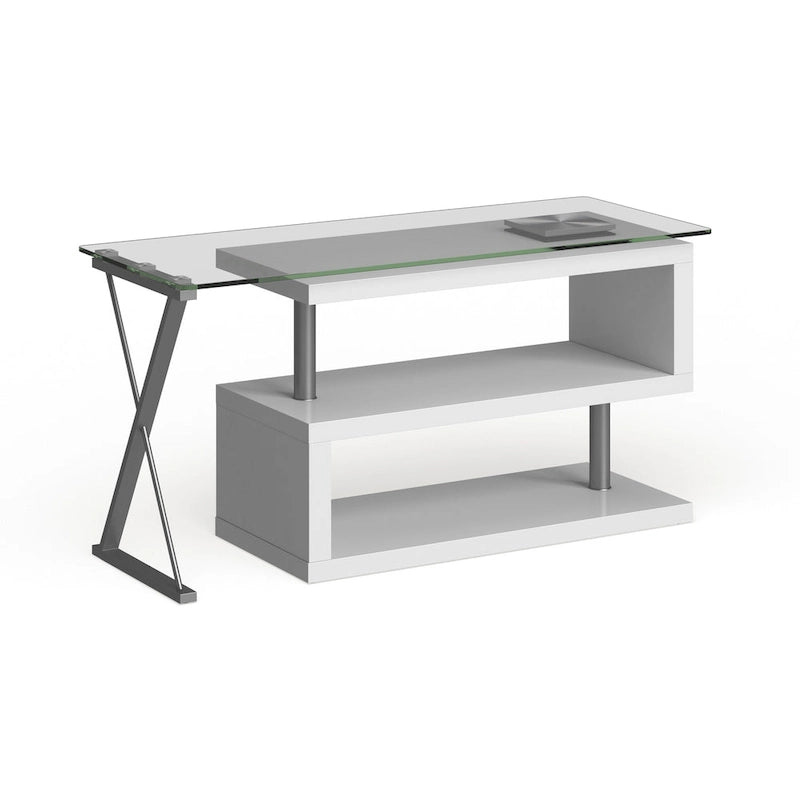 Bureau contemporain en verre convertible Blanc / Rose / Noir / Gris avec piètement en X et étagère en S - Usage unique