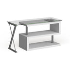 Bureau contemporain en verre convertible Blanc / Rose / Noir / Gris avec piètement en X et étagère en S - Usage unique