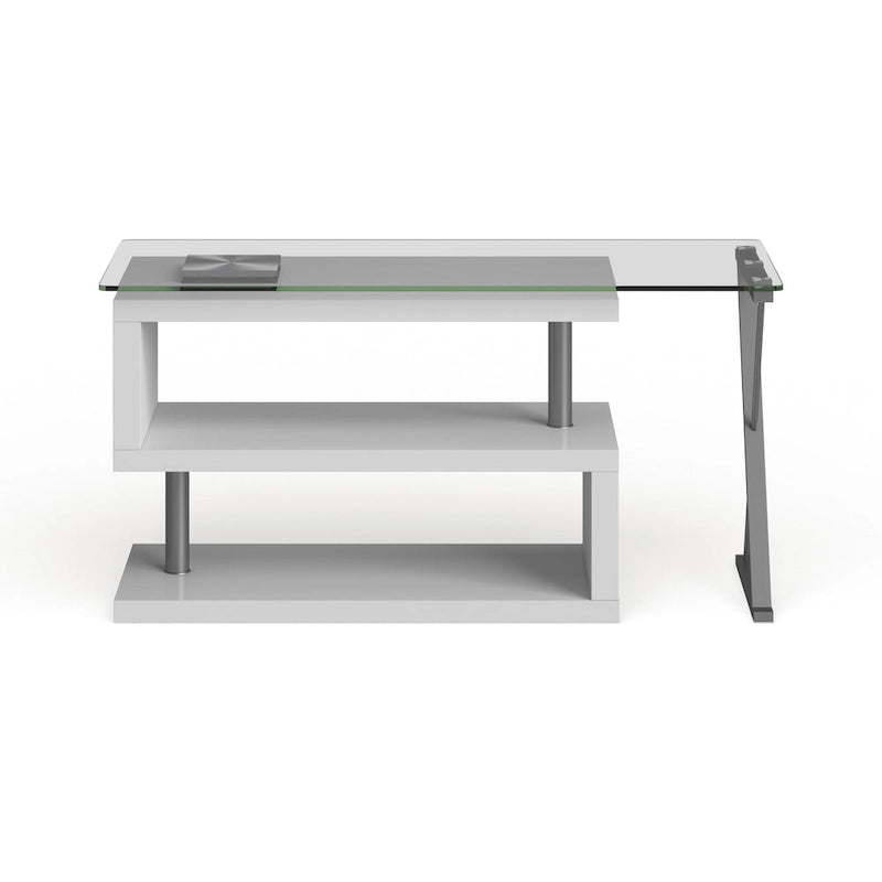 Bureau contemporain en verre convertible Blanc / Rose / Noir / Gris avec piètement en X et étagère en S - Usage unique