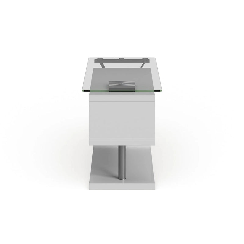 Bureau contemporain en verre convertible Blanc / Rose / Noir / Gris avec piètement en X et étagère en S - Usage unique