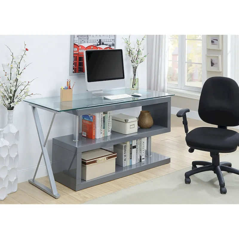 Bureau contemporain en verre convertible Blanc / Rose / Noir / Gris avec piètement en X et étagère en S - Usage unique