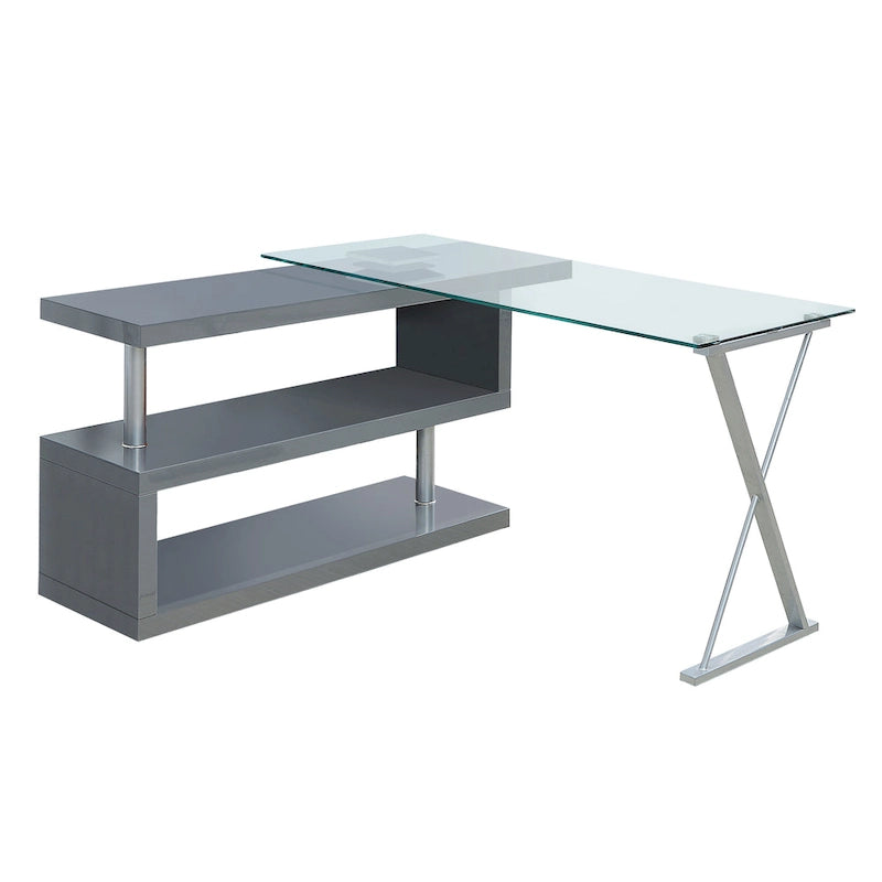 Bureau contemporain en verre convertible Blanc / Rose / Noir / Gris avec piètement en X et étagère en S - Usage unique