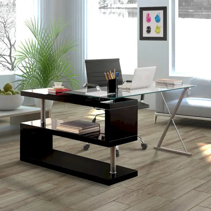 Bureau contemporain en verre convertible Blanc / Rose / Noir / Gris avec piètement en X et étagère en S - Usage unique