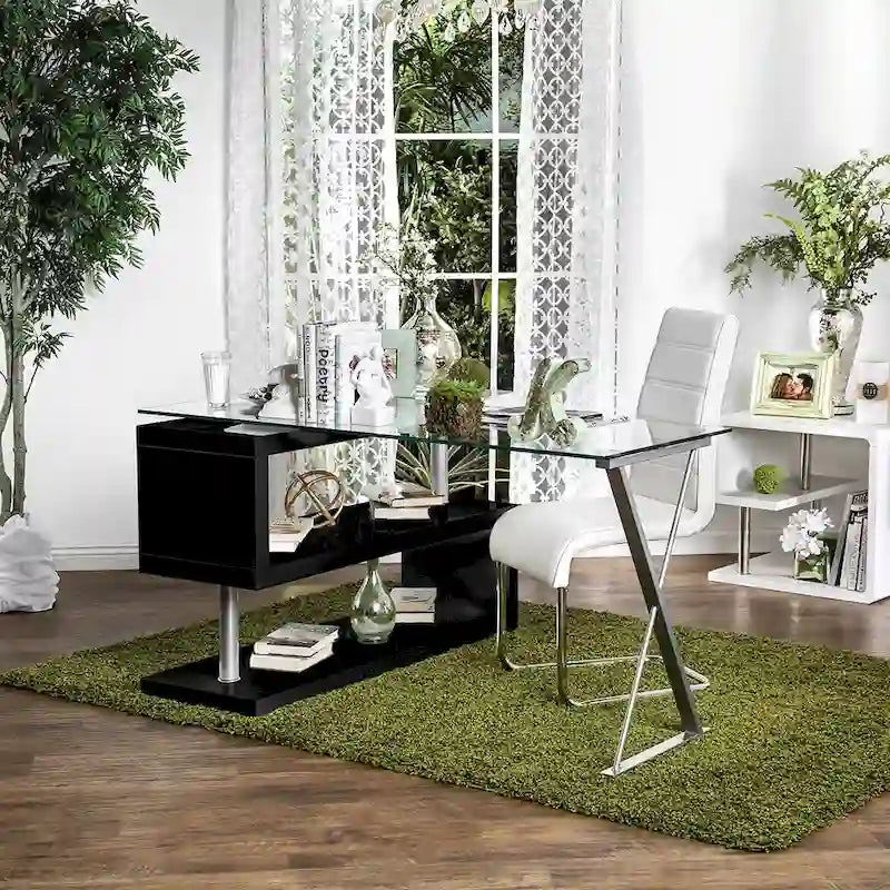 Bureau contemporain en verre convertible Blanc / Rose / Noir / Gris avec piètement en X et étagère en S - Usage unique