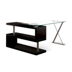 Bureau contemporain en verre convertible Blanc / Rose / Noir / Gris avec piètement en X et étagère en S - Usage unique