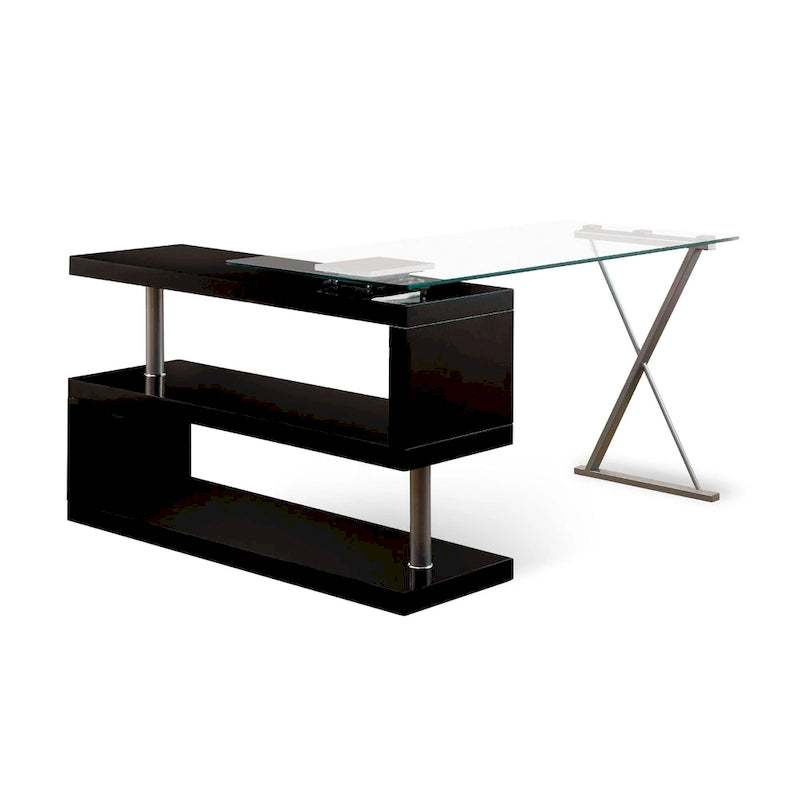 Bureau contemporain en verre convertible Blanc / Rose / Noir / Gris avec piètement en X et étagère en S - Usage unique