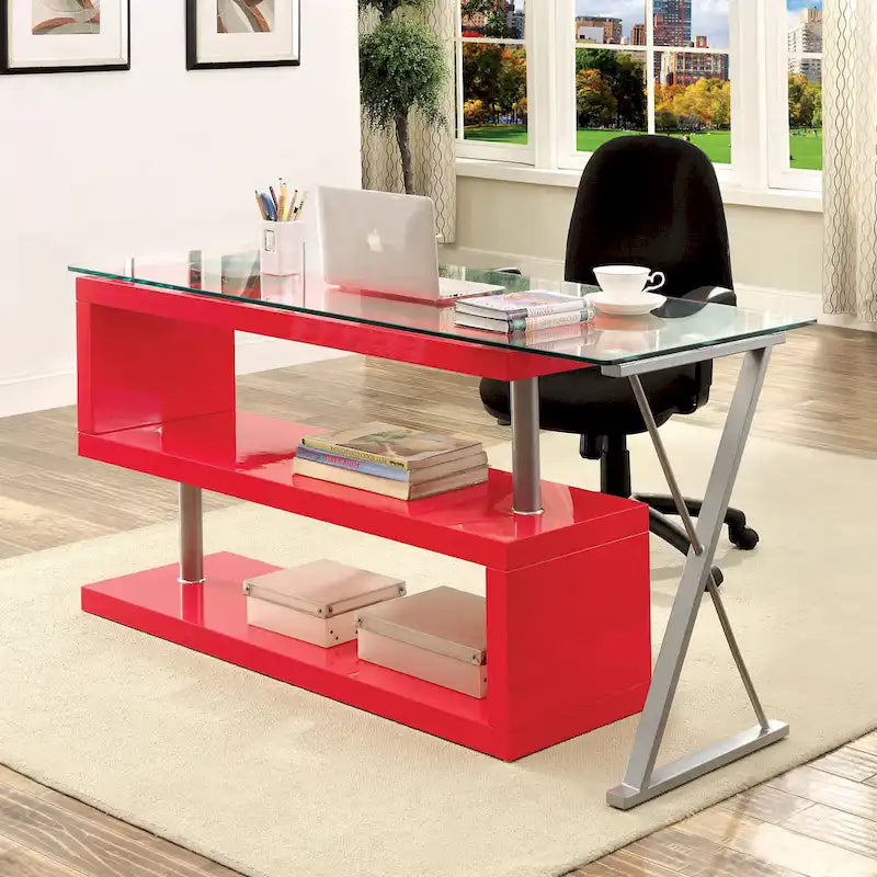 Bureau contemporain en verre convertible Blanc / Rose / Noir / Gris avec piètement en X et étagère en S - Usage unique