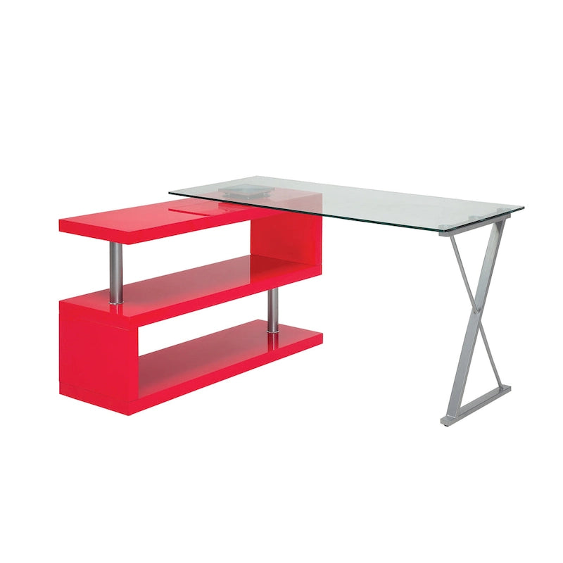 Bureau contemporain en verre convertible Blanc / Rose / Noir / Gris avec piètement en X et étagère en S - Usage unique