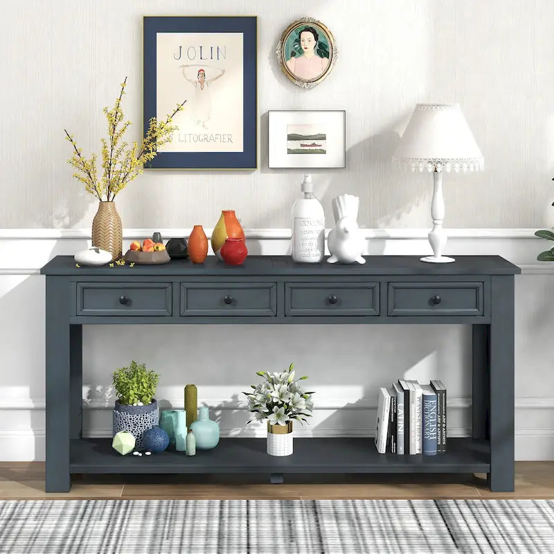 Console de rangement avec tiroir et étagère inférieure, finition usée : blanc antique / expresso / kaki / gris délavé / bleu rétro / bleu marine / noir - Usage unique