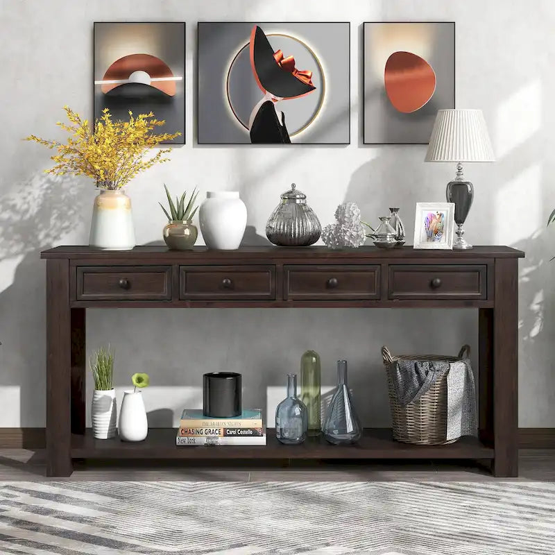 Console de rangement avec tiroir et étagère inférieure, finition usée : blanc antique / expresso / kaki / gris délavé / bleu rétro / bleu marine / noir - Usage unique