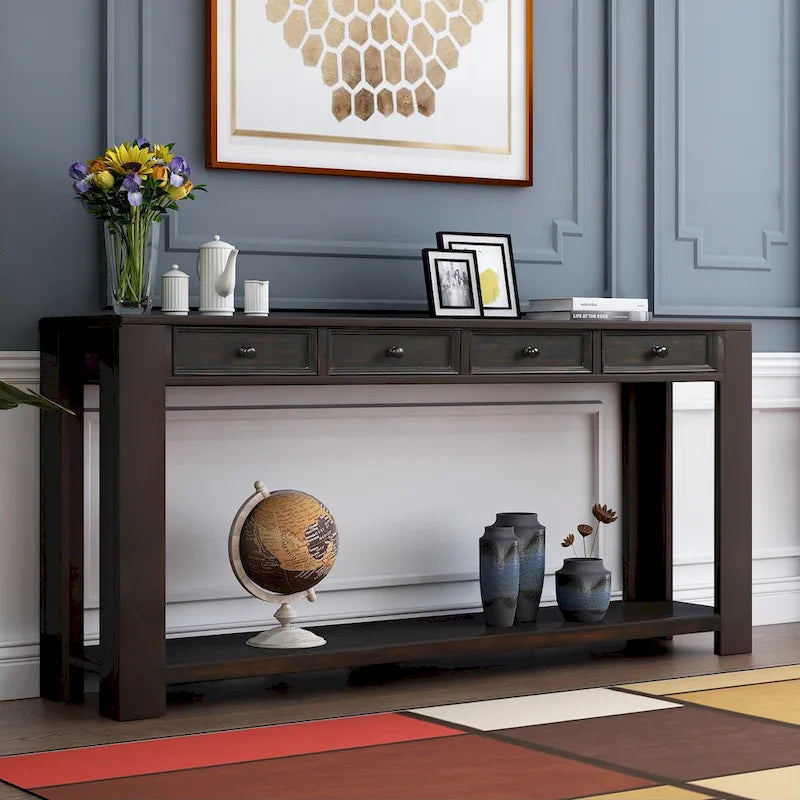 Console de rangement avec tiroir et étagère inférieure, finition usée : blanc antique / expresso / kaki / gris délavé / bleu rétro / bleu marine / noir - Usage unique