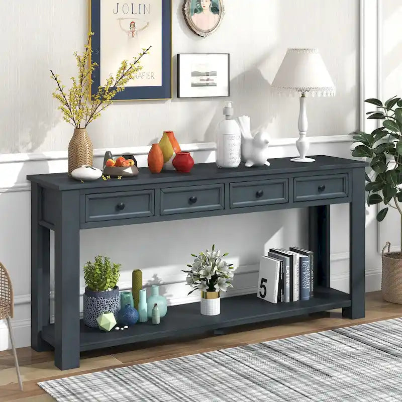 Console de rangement avec tiroir et étagère inférieure, finition usée : blanc antique / expresso / kaki / gris délavé / bleu rétro / bleu marine / noir - Usage unique
