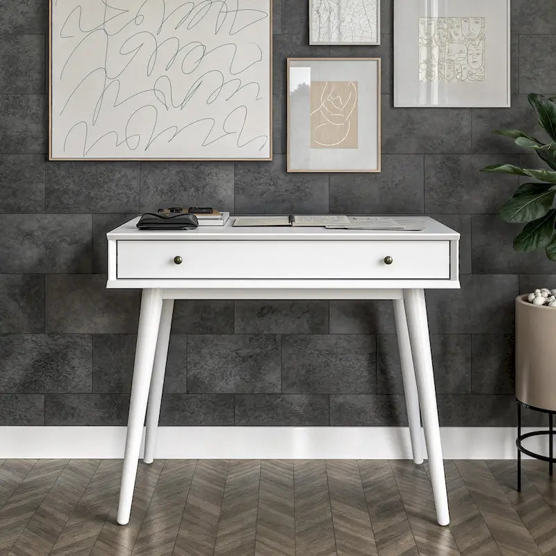 Bureau de style Mid-Century en bois massif blanc / marron / chêne / noir avec pieds fuselés et tiroir unique - Usage unique