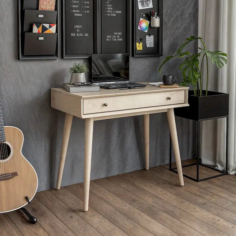 Bureau de style Mid-Century en bois massif blanc / marron / chêne / noir avec pieds fuselés et tiroir unique - Usage unique