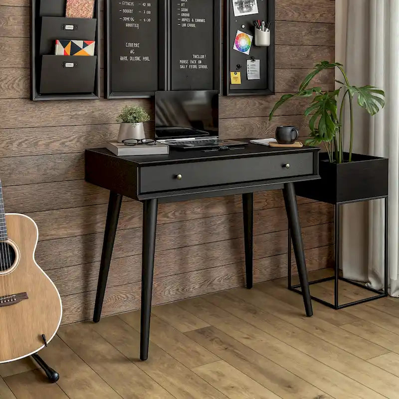 Bureau de style Mid-Century en bois massif blanc / marron / chêne / noir avec pieds fuselés et tiroir unique - Usage unique