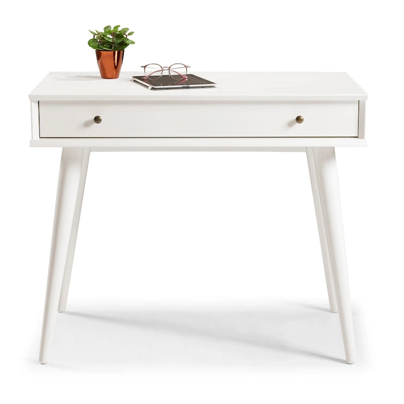 Bureau de style Mid-Century en bois massif blanc / marron / chêne / noir avec pieds fuselés et tiroir unique - Usage unique