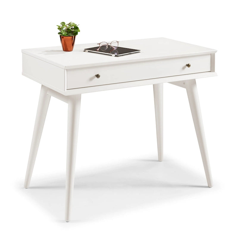 Bureau de style Mid-Century en bois massif blanc / marron / chêne / noir avec pieds fuselés et tiroir unique - Usage unique