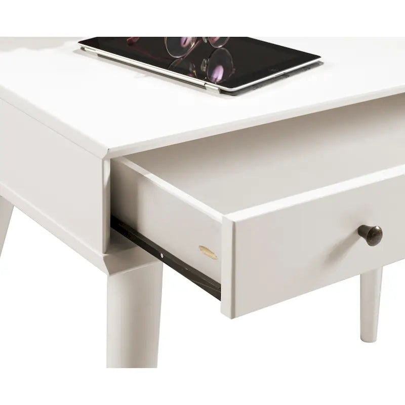Bureau de style Mid-Century en bois massif blanc / marron / chêne / noir avec pieds fuselés et tiroir unique - Usage unique